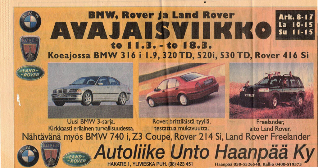 Vuonna 1998 BMW-, Land Rover- ja Rover- merkkiedustus.